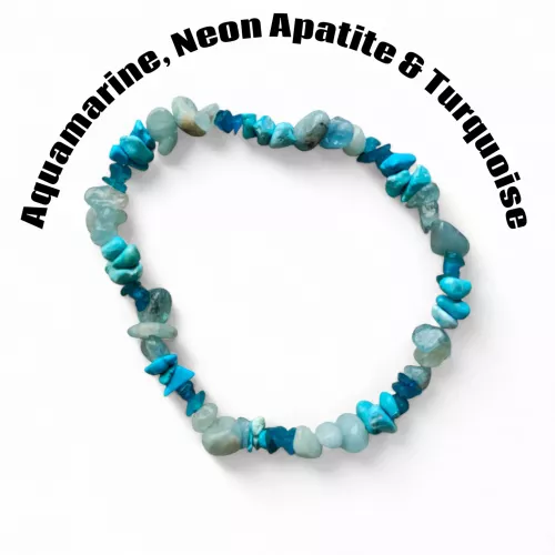 Aquamarine,Neon Apatite and Turquoise Tumble Chipped Stretchy Bracelet